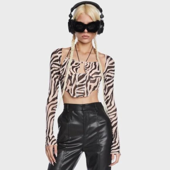 BNWT Zebra-Print Mesh Cropped Corset Top, Size M - Picture 1 of 3